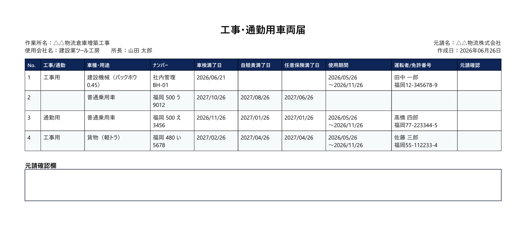 工事・通勤用車両届（PDF出力）