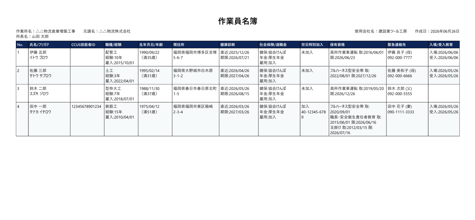 作業員名簿（PDF出力）